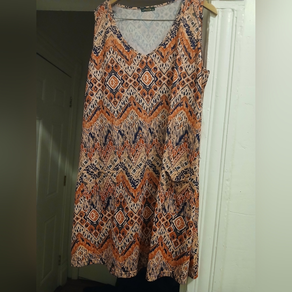 Orange and Blue Patterned Sleeveless Dress